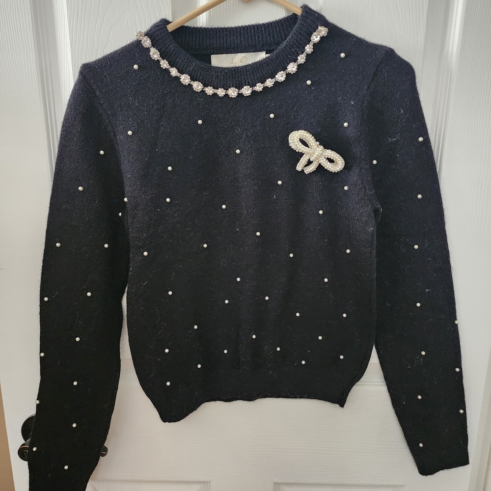 Crew Neck Black Pearl-Embellished Sweater